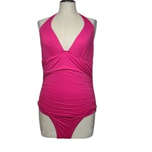 DKNY Pink V Neck One Piece Halter Swimsuit 14